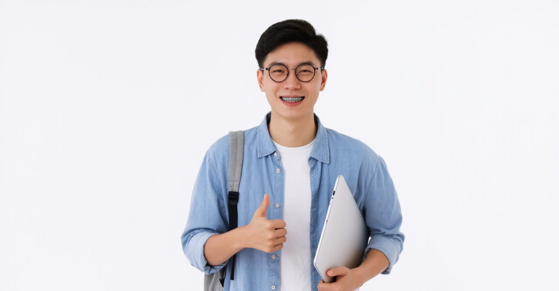 Seorang mahasiswa pria tersenyum lebar sambil memberikan jempol dan memegang laptop, mengenakan kacamata dan pakaian kasual biru.