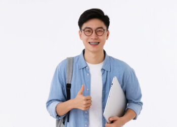 Seorang mahasiswa pria tersenyum lebar sambil memberikan jempol dan memegang laptop, mengenakan kacamata dan pakaian kasual biru.