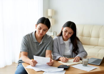Pasangan muda sedang menghitung anggaran rumah tangga bersama di ruang tamu dengan menggunakan kertas, kalkulator, dan laptop.