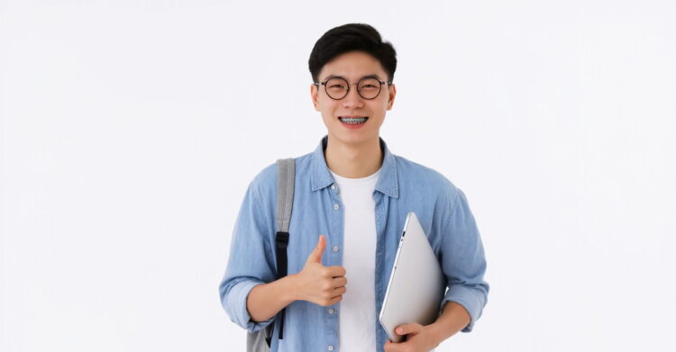 Seorang mahasiswa pria tersenyum lebar sambil memberikan jempol dan memegang laptop, mengenakan kacamata dan pakaian kasual biru.