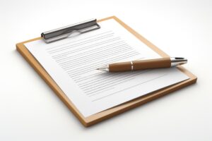 Sebuah clipboard berisi kertas dan pena di atas meja putih, simbolisasi dari dokumen syarat pencairan deposito sebelum jatuh tempo.