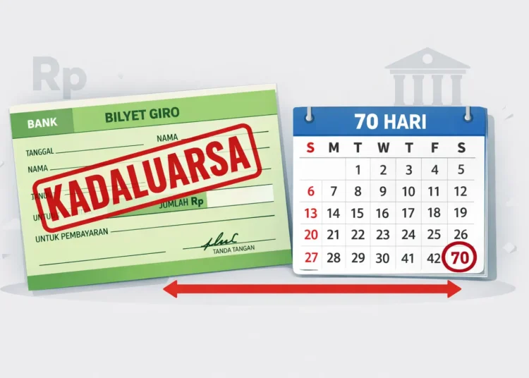 Ilustrasi bilyet giro dengan tanda expired dan kalender 70 hari