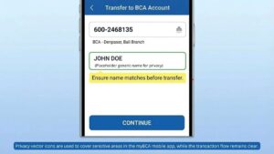 Screenshot atau mockup tampilan layar ATM BCA atau aplikasi myBCA yang menunjukkan proses validasi nama penerima setelah input nomor rekening.