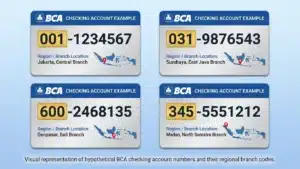 Tabel visual atau kartu-kartu yang menampilkan 3-5 contoh nomor rekening giro BCA dari berbagai wilayah.