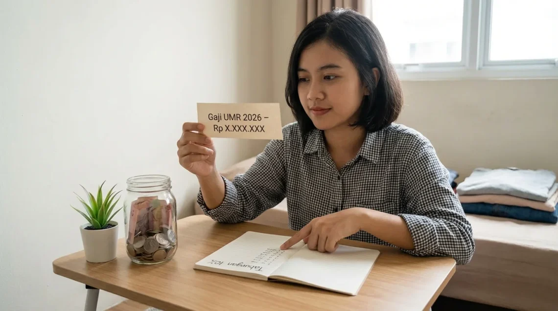 Ilustrasi pekerja Indonesia dengan gaji UMR 2026 sedang mencatat keuangan dan menyisihkan 10 persen penghasilan untuk tabungan dengan gaya hidup sederhana