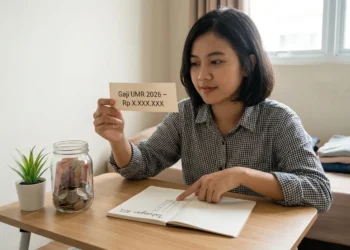 Ilustrasi pekerja Indonesia dengan gaji UMR 2026 sedang mencatat keuangan dan menyisihkan 10 persen penghasilan untuk tabungan dengan gaya hidup sederhana