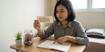 Ilustrasi pekerja Indonesia dengan gaji UMR 2026 sedang mencatat keuangan dan menyisihkan 10 persen penghasilan untuk tabungan dengan gaya hidup sederhana