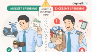 Ilustrasi perbandingan gaya hidup sebelum dan sesudah gaji pertama sebagai peringatan lifestyle inflation