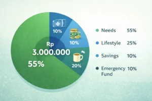 Diagram pie chart pembagian gaji UMR Rp3 juta dengan alokasi realistis