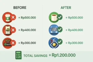 Infografis perbandingan pengeluaran bocor dan potensi penghematan bulanan
