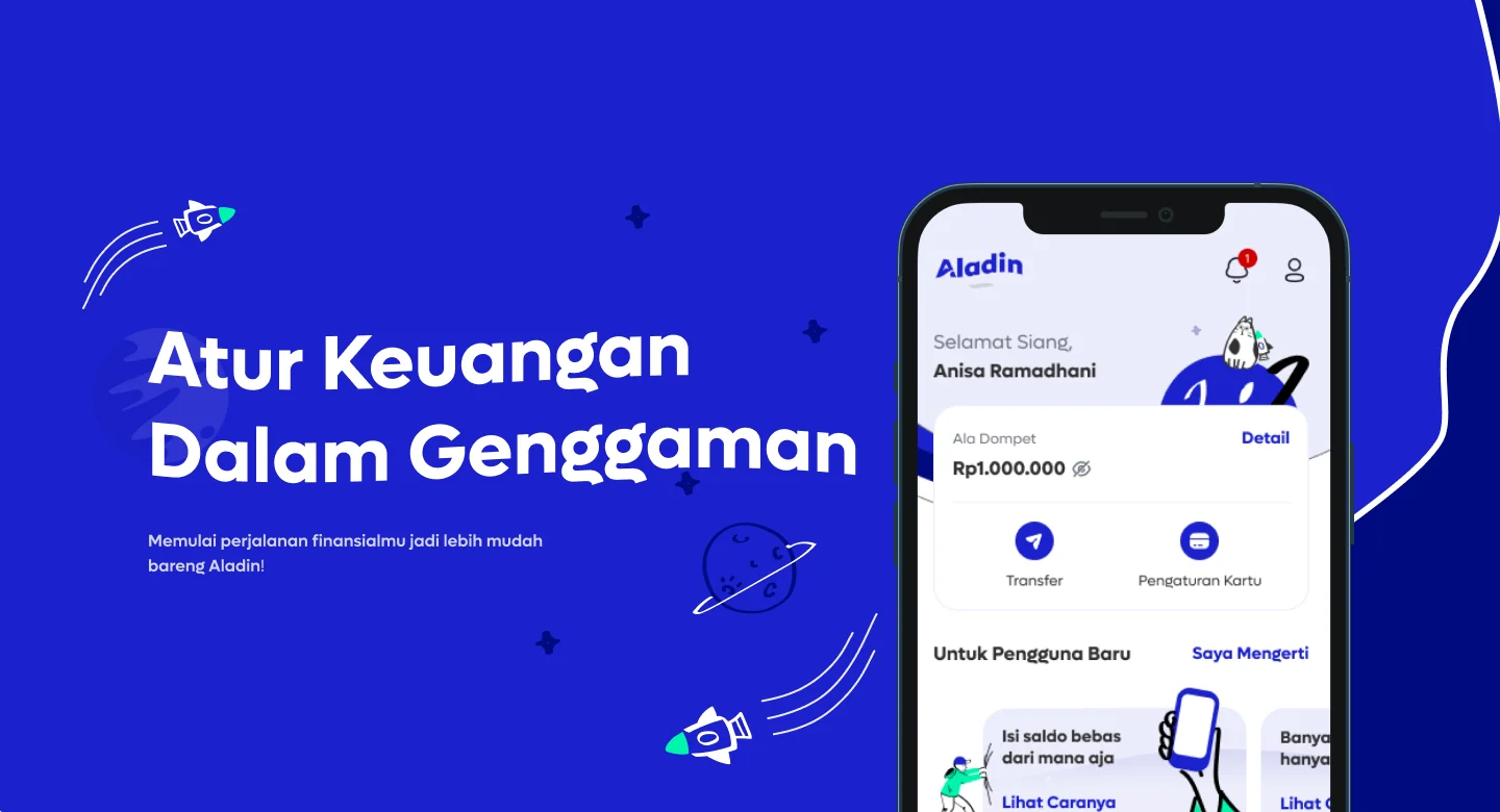 Tampilan aplikasi Bank Aladin Syariah dengan tulisan Atur Keuangan Dalam Genggaman