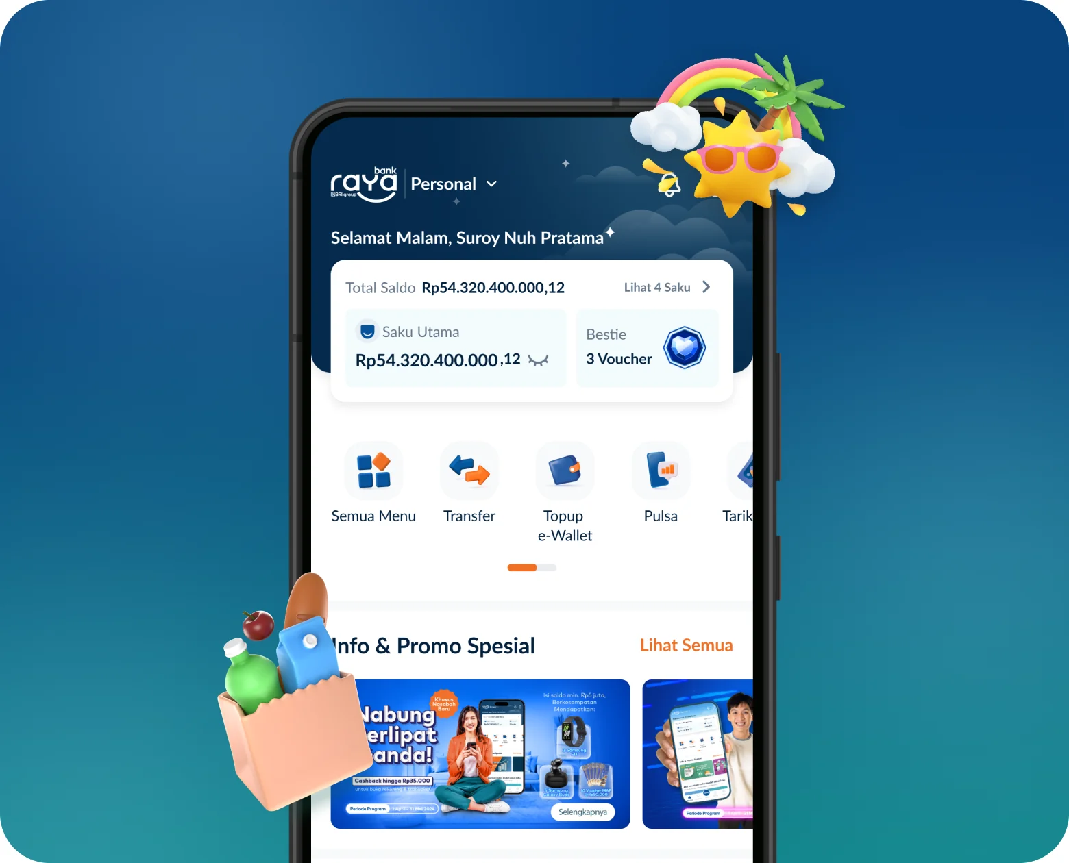Tampilan beranda aplikasi Raya dari Bank Raya
