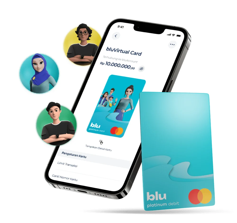 Tampilan bluVirtual Card di aplikasi blu dengan ilustrasi pengguna