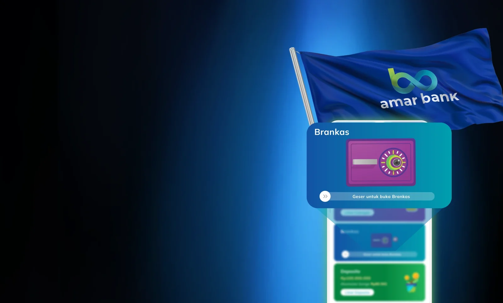 Bendera Amar Bank dan tampilan fitur Brankas di aplikasi
