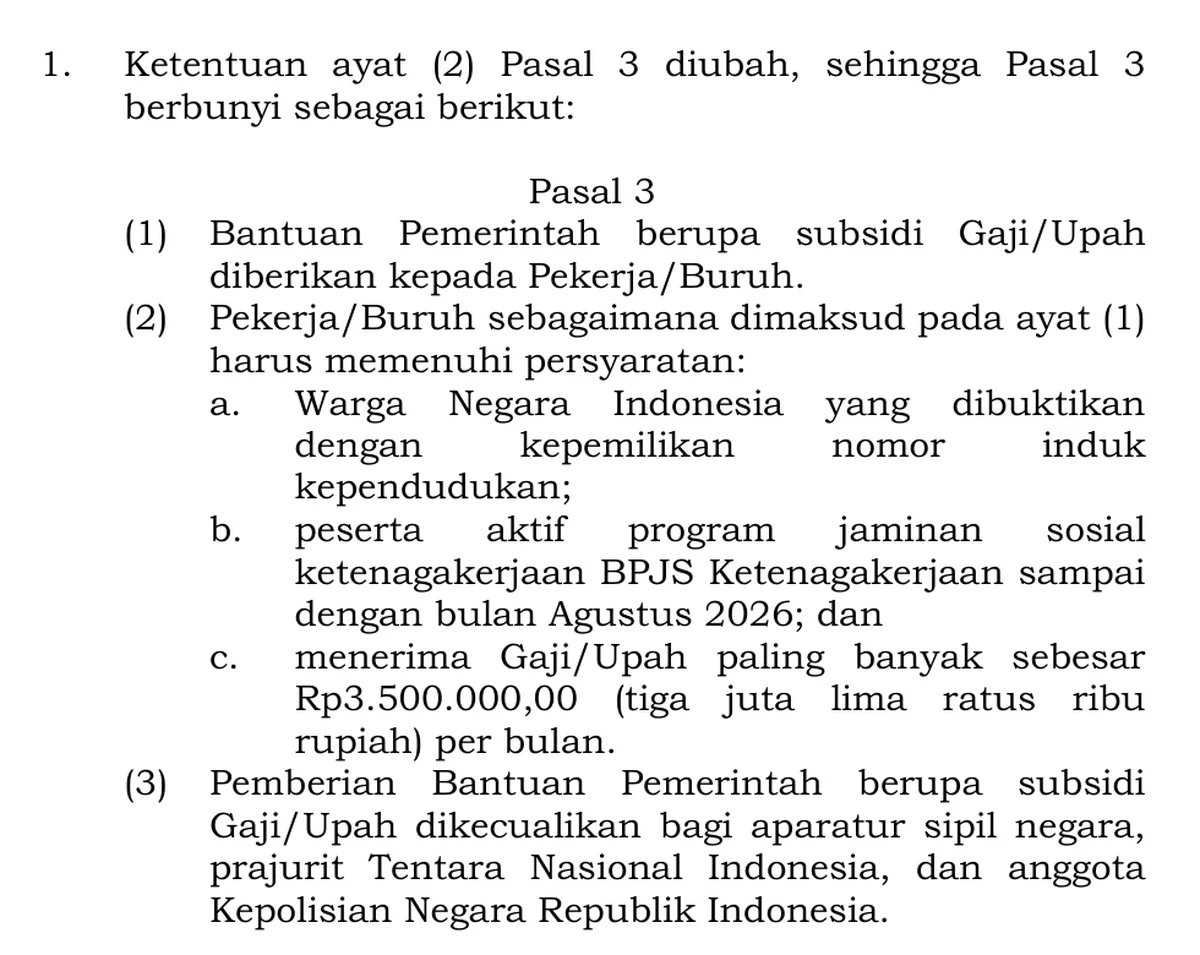 Kutipan Pasal 3 Permenaker 16 Tahun 2026 berisi syarat penerima subsidi upah