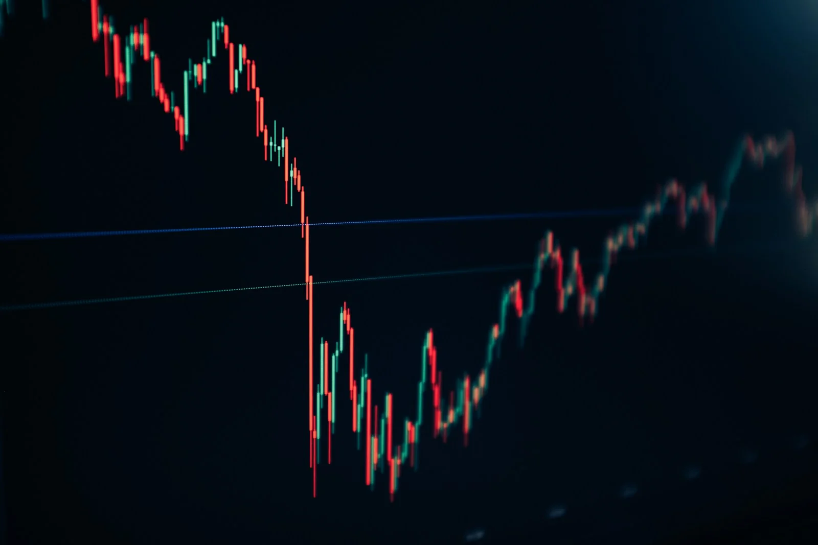 Grafik candlestick yang turun lalu bergerak naik di layar gelap