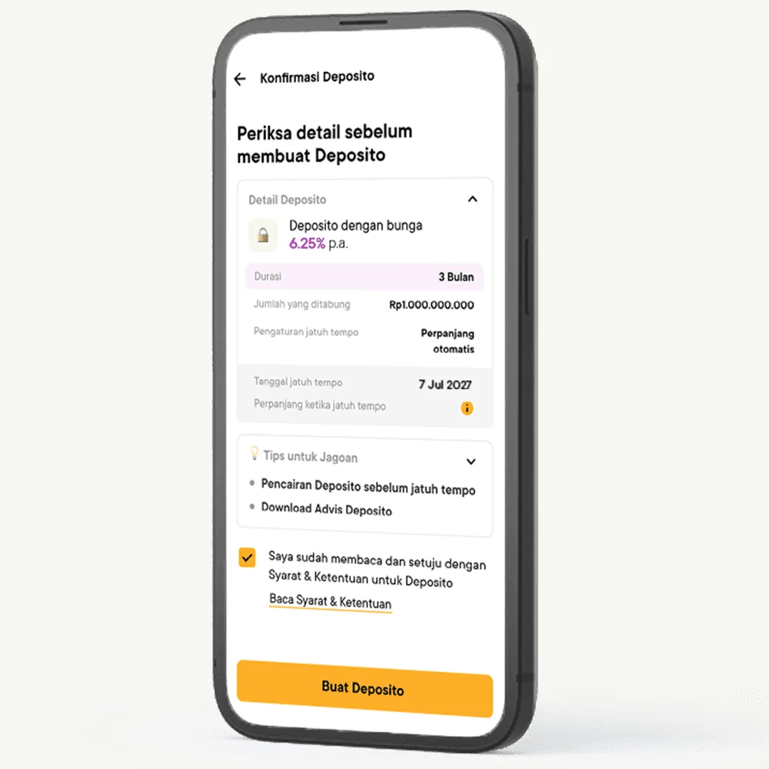 Layar konfirmasi pembuatan deposito di aplikasi Jago