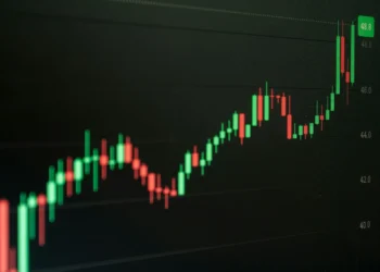 Grafik candlestick saham yang naik di layar