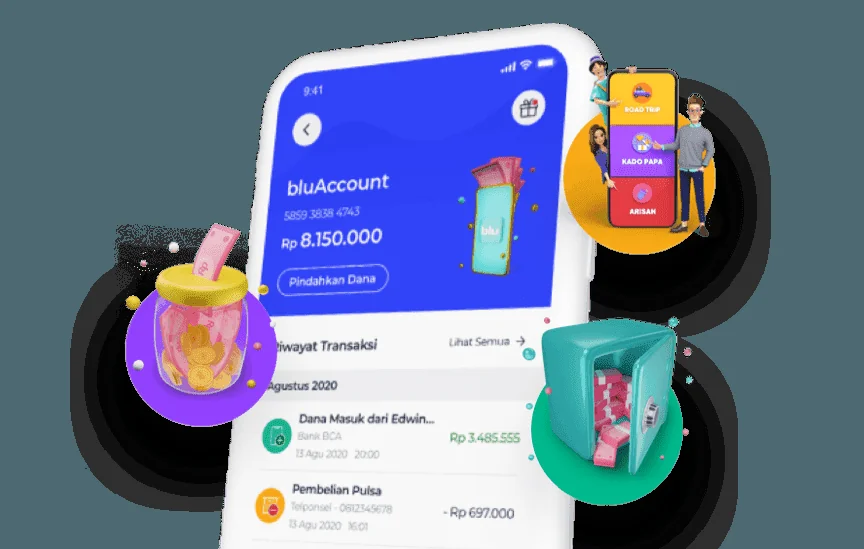 Layar bluAccount dengan saldo dan riwayat transaksi