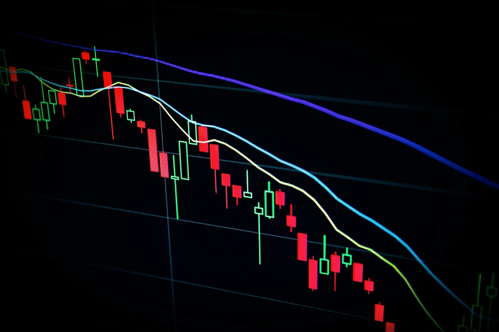 Grafik candlestick saham yang menurun di layar