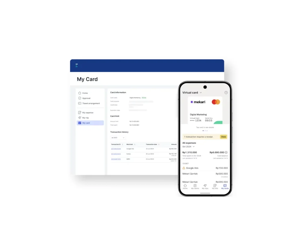 Tampilan kartu virtual Mekari Limitless Card di dashboard dan ponsel