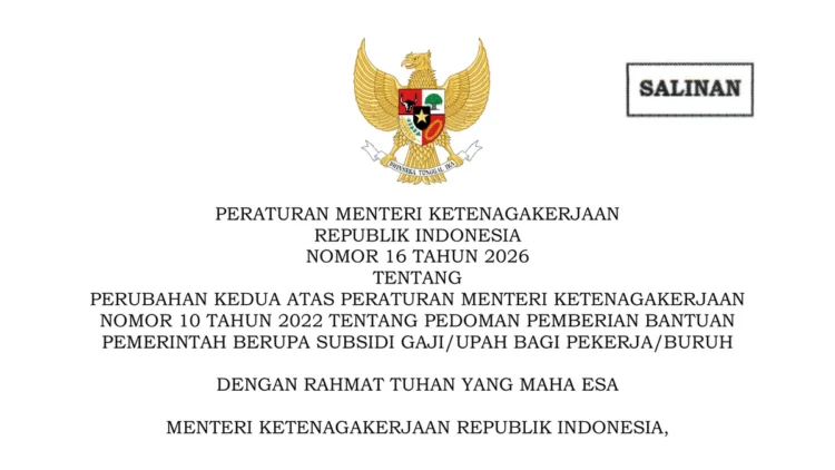 Halaman pertama salinan Permenaker Nomor 16 Tahun 2026 tentang subsidi upah