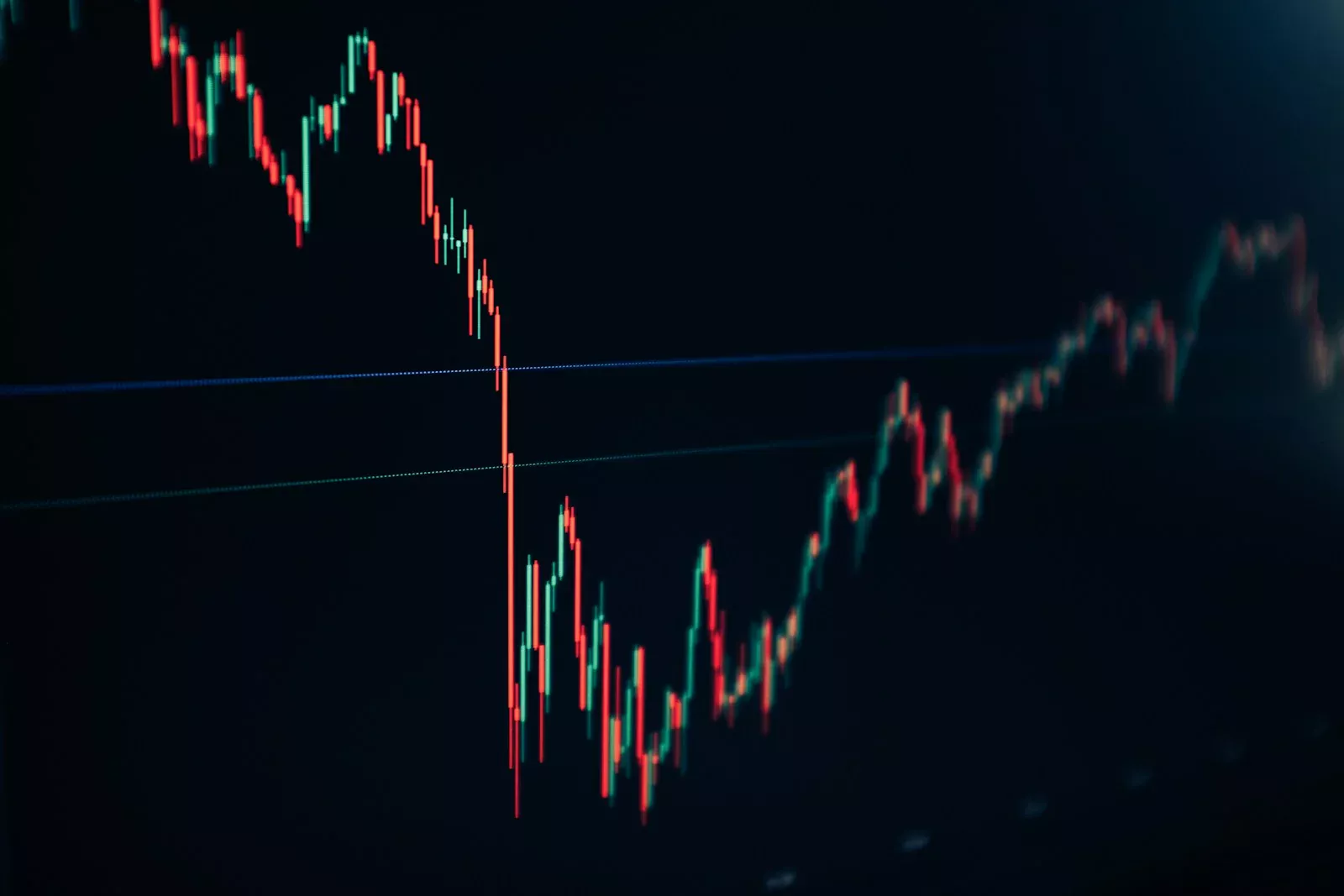 Grafik candlestick yang turun lalu bergerak naik di layar gelap