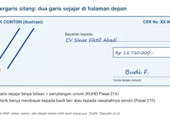 Ilustrasi cek fiktif dengan dua garis sejajar di sudut kiri atas sebagai tanda cek bergaris silang umum