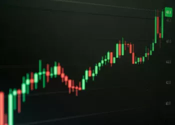 Grafik candlestick saham yang naik di layar