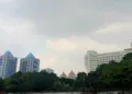 Menara kembar Kementerian Keuangan RI terlihat dari Lapangan Banteng, Jakarta
