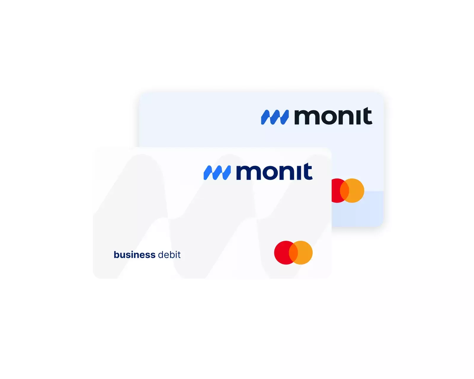 Dua kartu debit bisnis Monit berlogo Mastercard