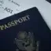 Paspor bersampul biru tua di atas tiket boarding pass penerbangan internasional