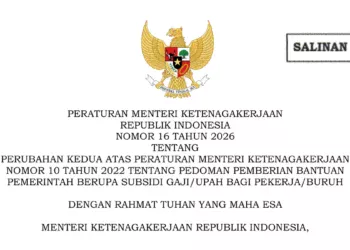 Halaman pertama salinan Permenaker Nomor 16 Tahun 2026 tentang subsidi upah