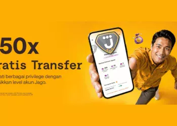 Banner Bank Jago 150x gratis transfer dengan pria memegang ponsel