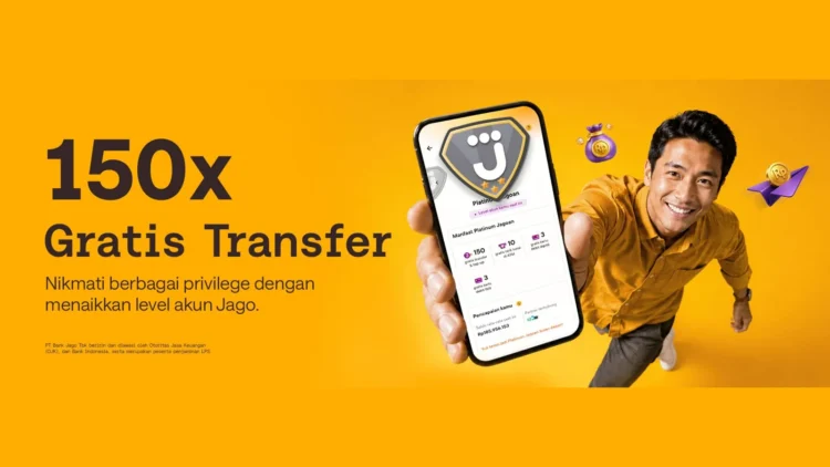 Banner Bank Jago 150x gratis transfer dengan pria memegang ponsel