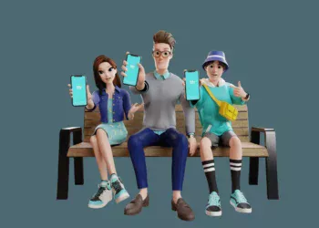 Tiga ilustrasi pengguna memegang ponsel berlayar aplikasi blu