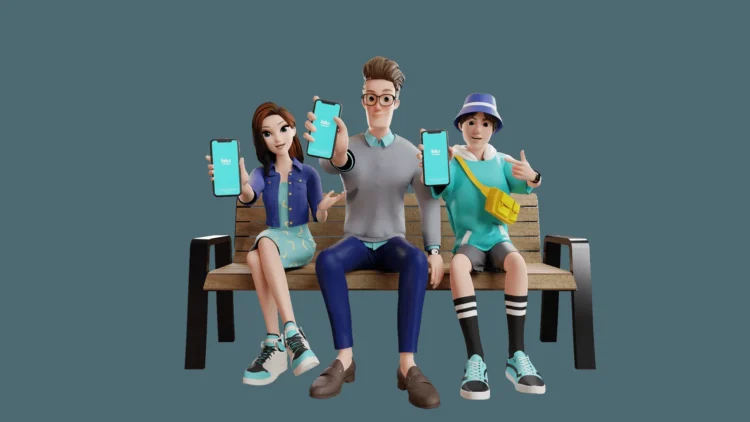 Tiga ilustrasi pengguna memegang ponsel berlayar aplikasi blu