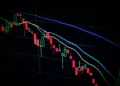 Grafik candlestick pasar saham di layar gelap